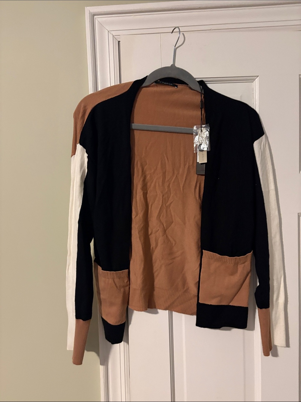 Tahari Black Camel White Colorblock Open Cardigan